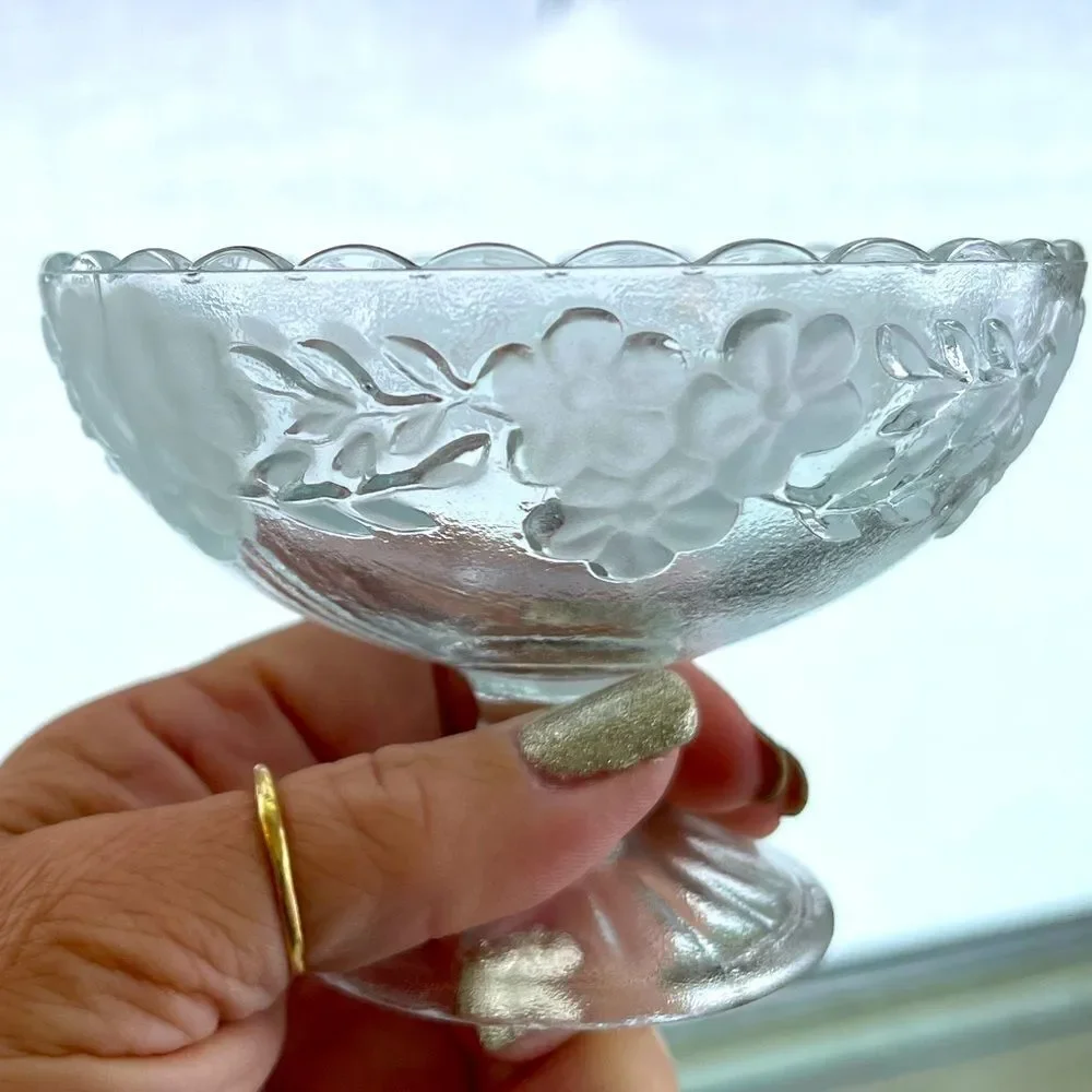 Vintage Dessert Footed Pressed Glass Bowls • Raised Frosted Daisy Pattern • (2)